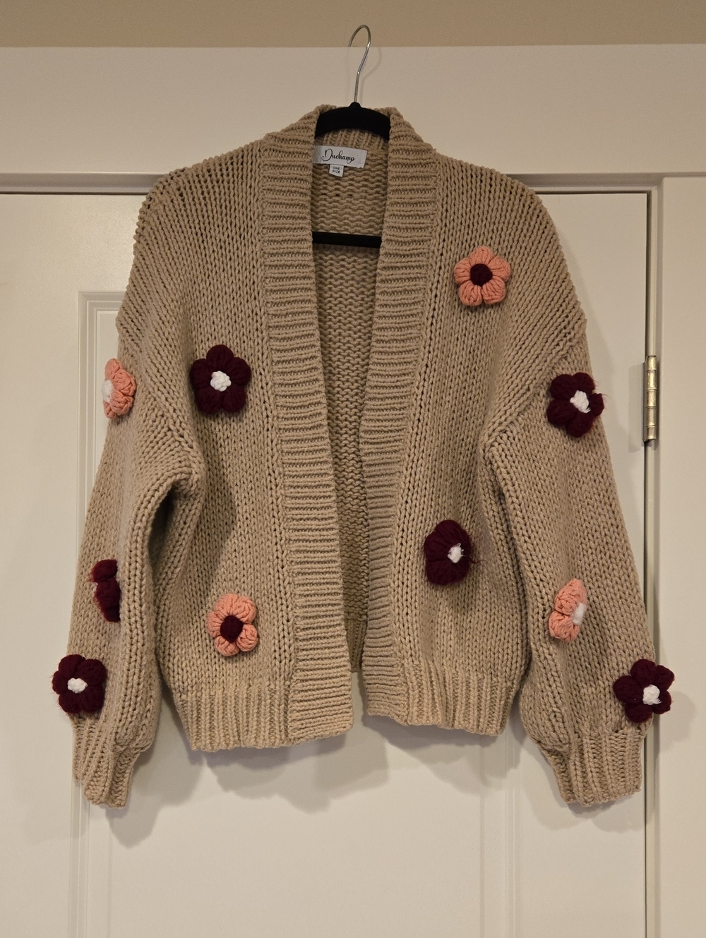 Duchamp Beige Open-Front Cardigan with Pink and Burgundy Flower Appliqués